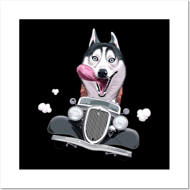 Siberian Husky Driving a Classic Car Wall Art by Toss4Pon